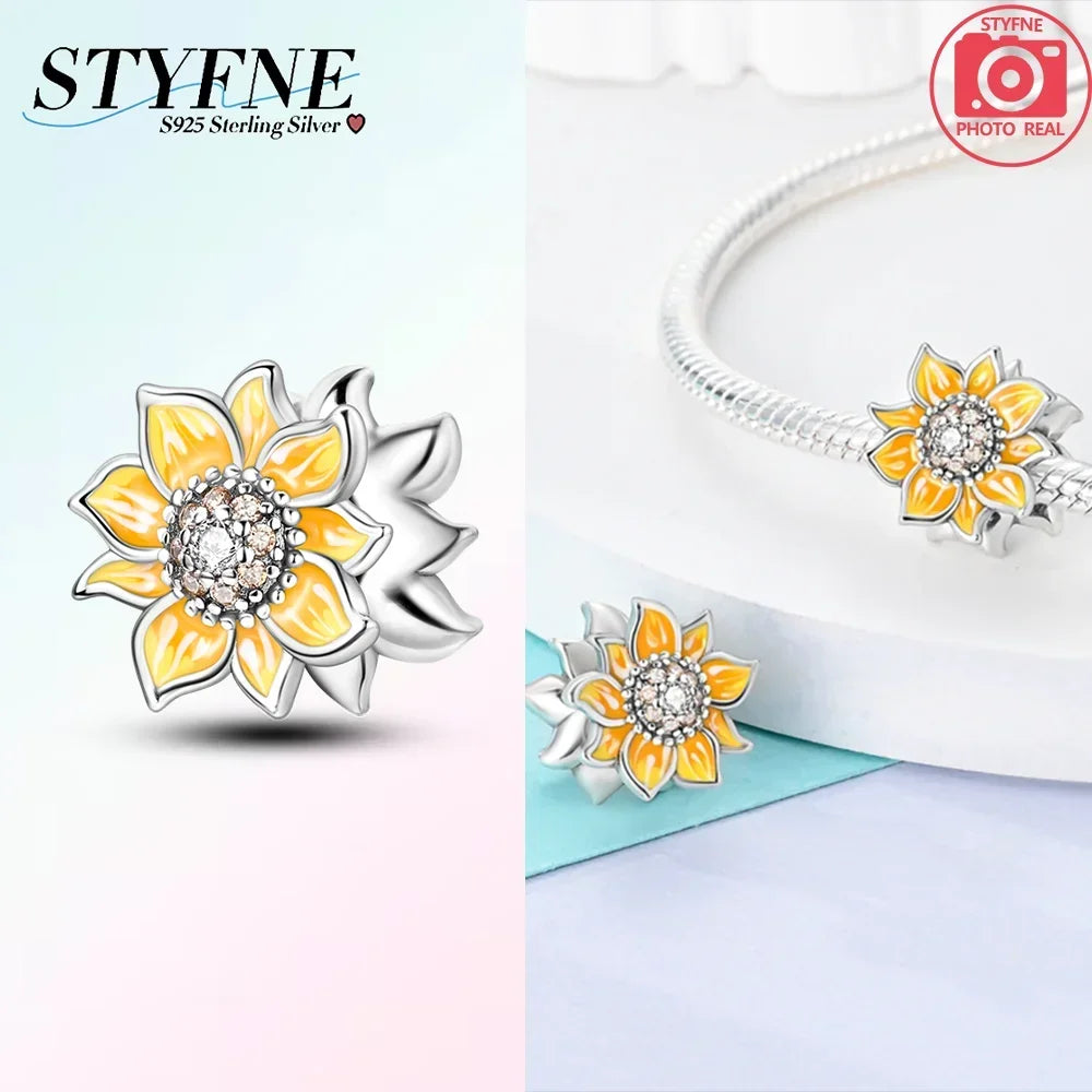 S925 Sterling Silver Flower with Various Shapes Sparkling Zircon Sunflower Charms Beads Fit Original Bracelets DIY Jewelry