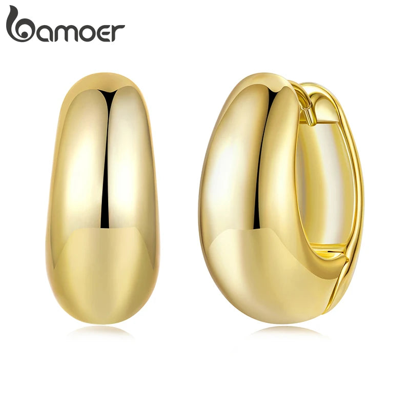 BAMOER 18K Gold Plated 925 Sterling Silver Post Glossy Hoop Earrings, High Polished Trendy Fashion Statement Jewelry for Women