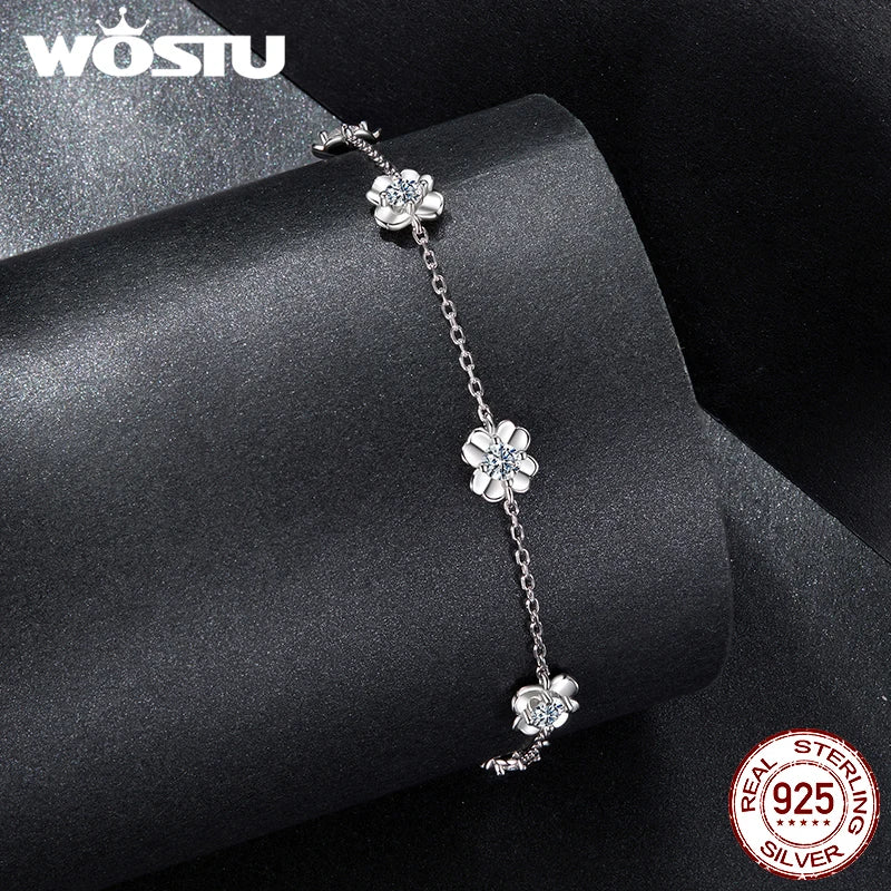 WOSTU Four-leaf Clover Moissanite Opening Ring Stud Earrings Chain Bracelet For Women 925 Silver Diamond Cut Wedding Jewelry Set