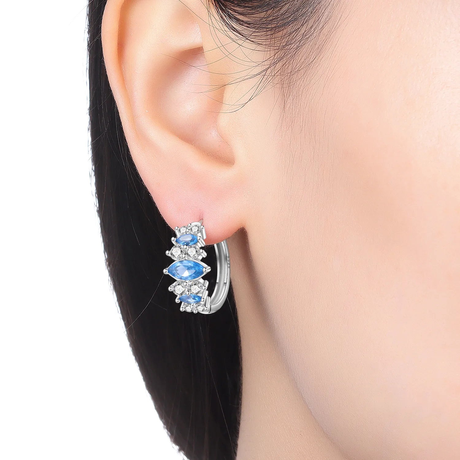 PANPOKI S925 Sterling Silver Minimalist Blue Zircon Earrings Hoop Earrings For Women Jewelry Original Party Trendy Gifts