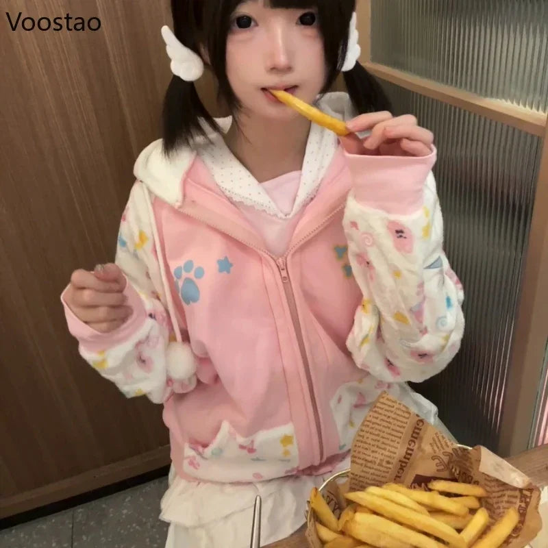 Harajuku Zip Hoodies Women Japanese Sweet Lolita Sweatshirts Kawaii Cartoon Print Y2k Hooded Overcoat Korean Fashion Clothes Top