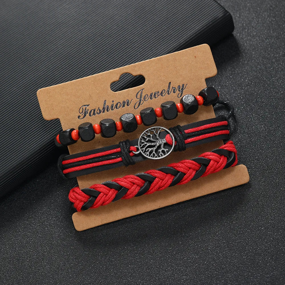 3Pcs/ Set Braided Wrap Leather Bracelets for Men Vintage Life Tree Rudder Charm Wood Beads Ethnic Tribal Wristband Rope Bracelet