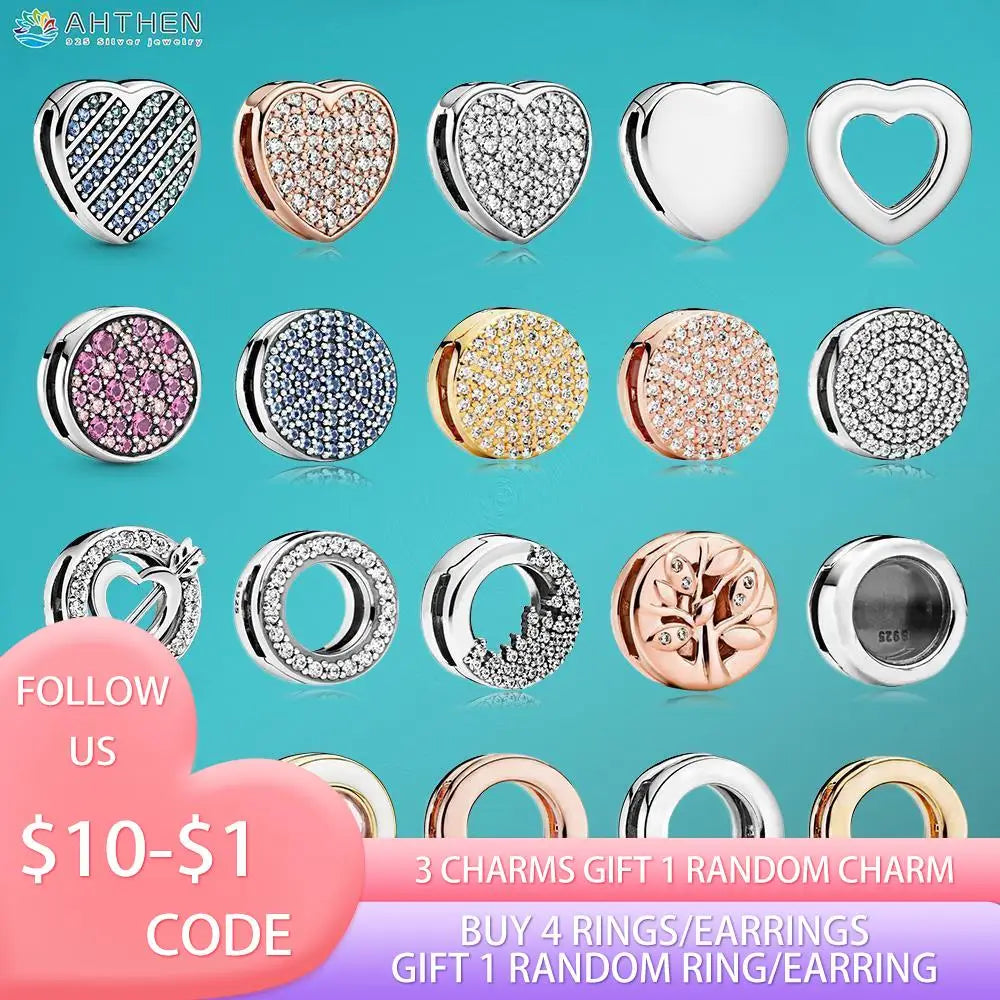 Ahthen 925 Sterling Silver Bead Silver Star Timeless Sparkle Heart Dangle Clip Charms fit Snake Chain Reflexions Bracelets