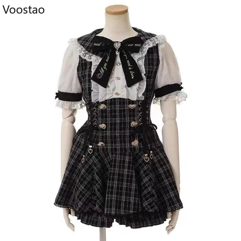 Ensemble robe-short et short style gothique japonais Y2K Lolita à nœud en strass, robe-chemise à volants en dentelle Harajuku, short à carreaux.