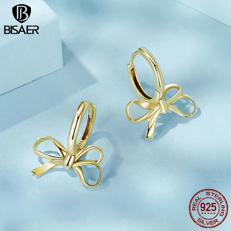 BISAER 925 Sterling Silver Simple Bow Ear Buckles Bowknot Classic Hypoallergenic Earrings Plated Gold for Women Fine Jewelry