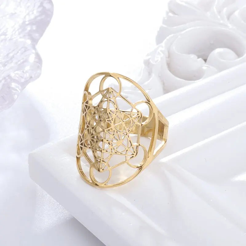 Retro Poseidon Compass Ring Silver-Plated Hexagram Opening Adjustable Ring Men and Women Hip-Hop Trend Jewelry Gift