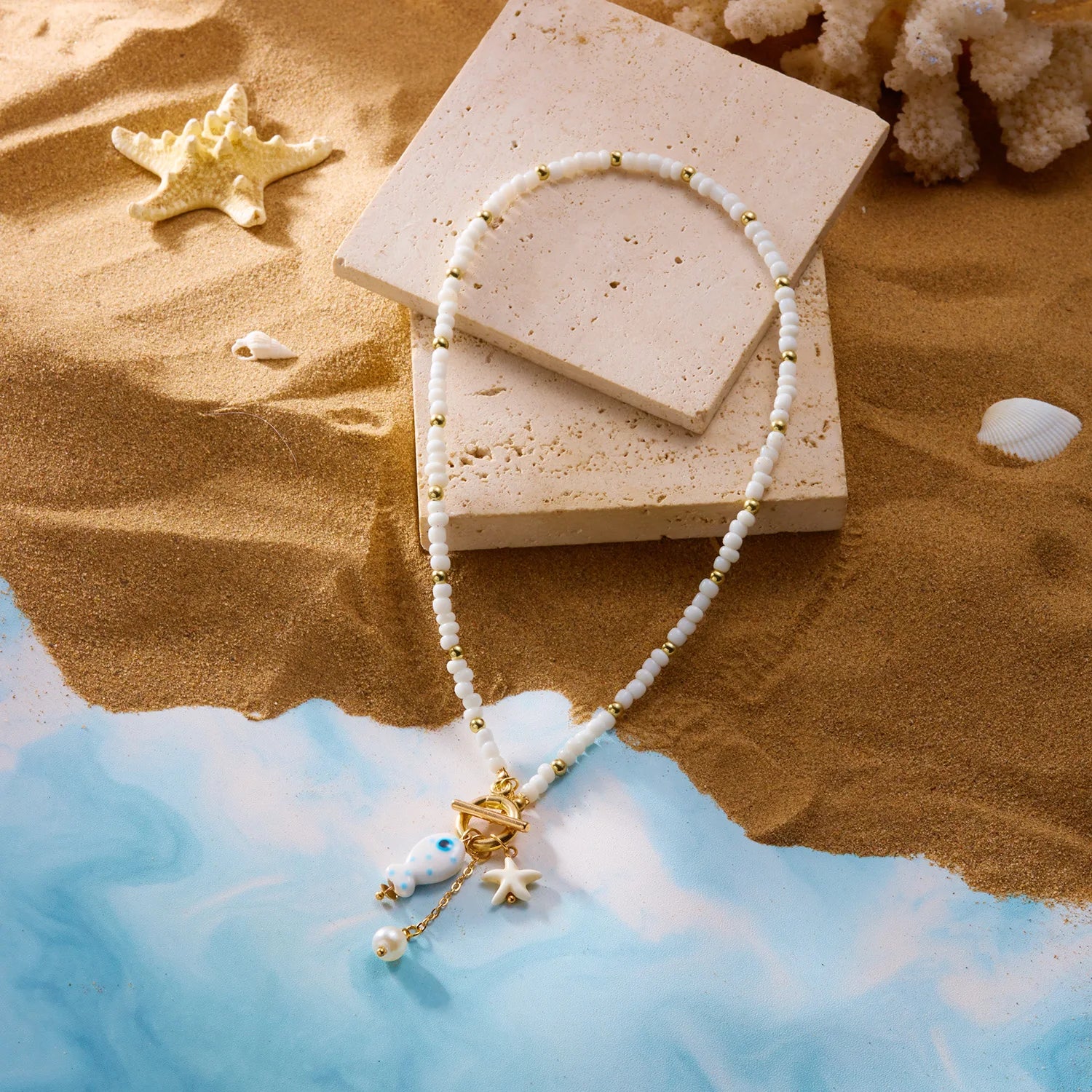 Charm Ceramic Cartoon Fish Pendant Necklace For Women Girls Colorful Rice Beads Starfish OT Buckle Choker Beach Party Jewelry