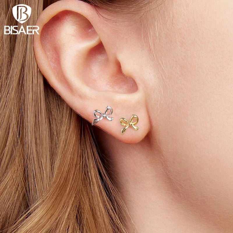 BISAER Solid 925 Sterling Silver Bow Stud Earrings Bowknot Hypoallergenic Stud Ear Plated Gold for Romantic Women Fine Jewelry