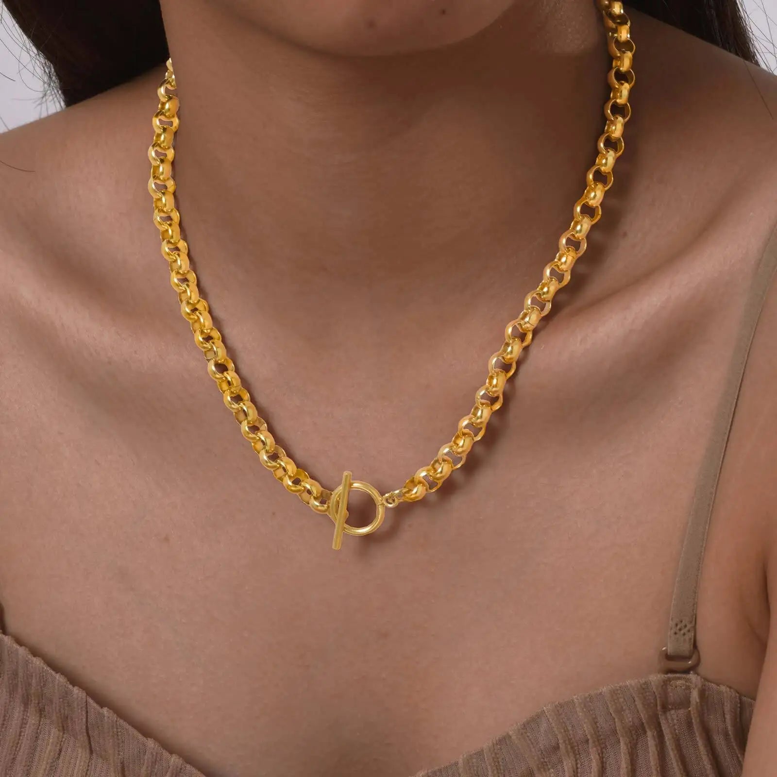 Vnox New Chunky Chain Necklace Women Simple OT Buckle Stainless Steel Round Link Chain Necklace For Women Fashion Jewelry Gift