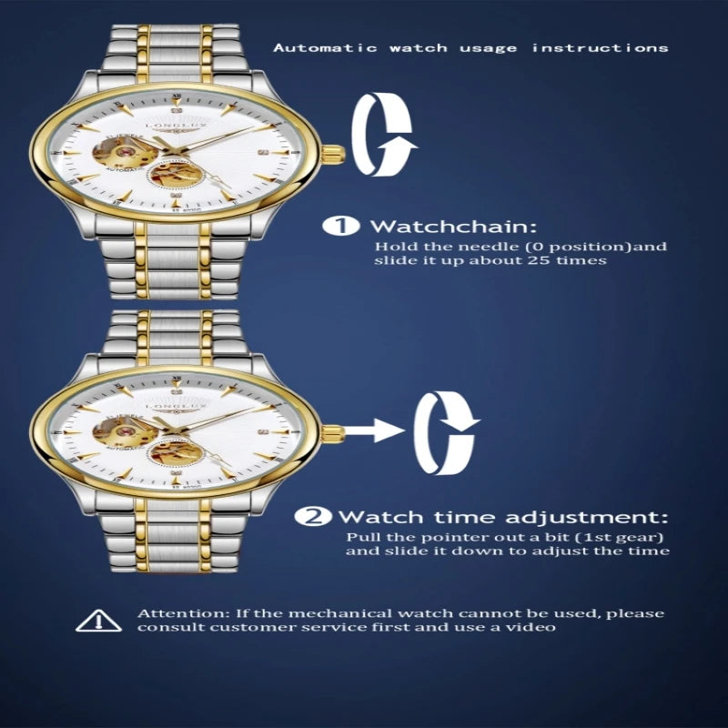 LONGLUX Men automatic mechanical watch elegant luxury watches waterproof skeleton business wholesale stainless steel gift watch - Madeinsea©