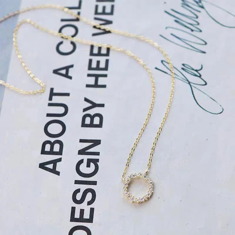 Jkeli - 100 % S925 Sterlingsilber, plattierte 18-karätige Goldhalskette mit Diamantkreis im japanischen und koreanischen K-Gold-Stil