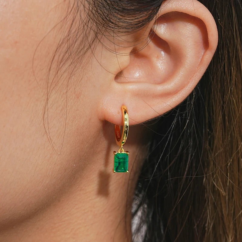 OXTAO 925 Sterling Silver 14K Gold Plated Gemstone Drop Hoop Earring Classic 7x5mm Emerald Earrings for Women Fine Jewelry Gift