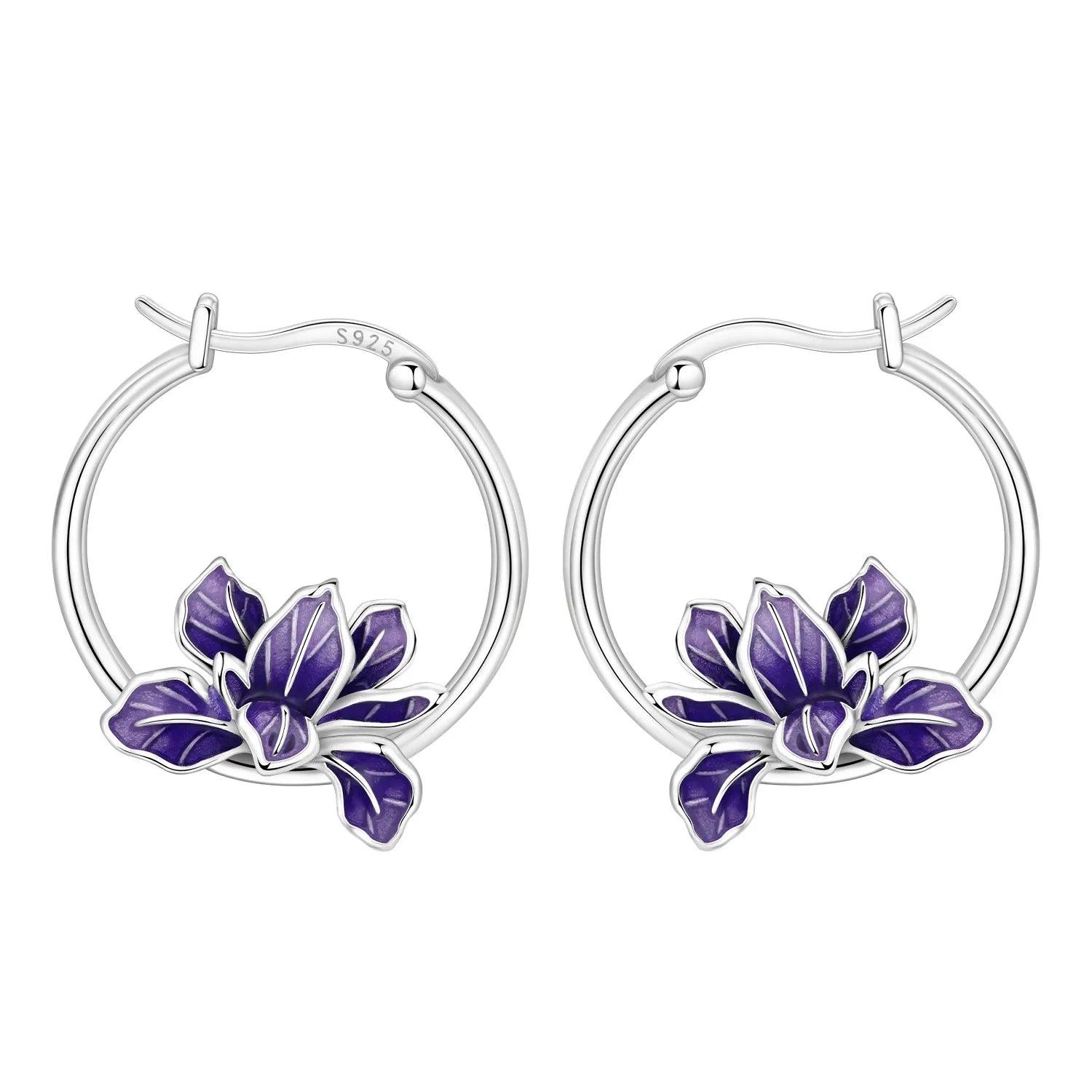 PANPOKI S925 Sterling Silver Blooming Purple Iris Flower Earrings Versatile Hoop Earrings For Women Jewelry Original Party Gift
