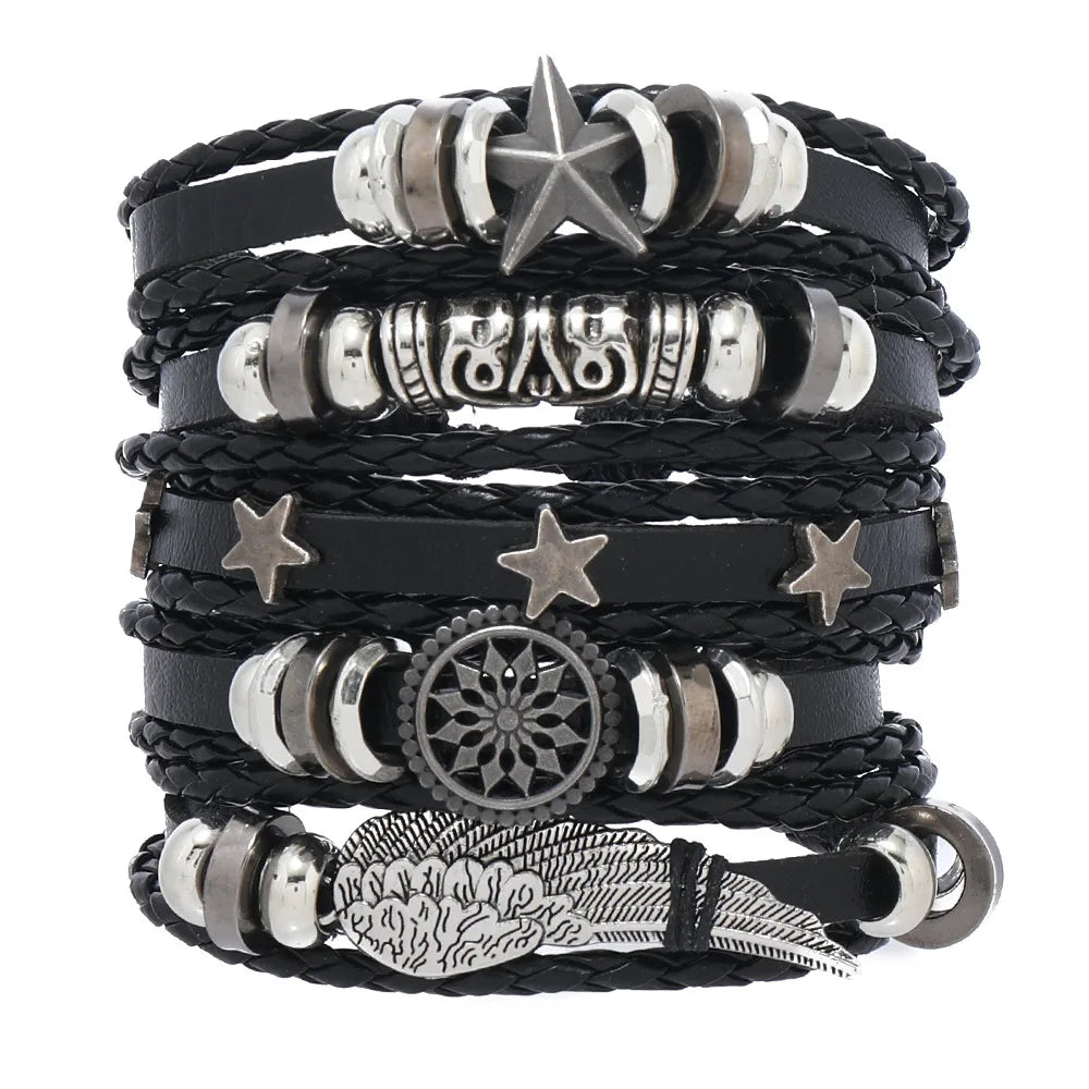 Fashion Black Skull Multi-layer Beaded Hand Leather Bracelet for Men Set Adjustable DIY Leather Winding Hand Rope