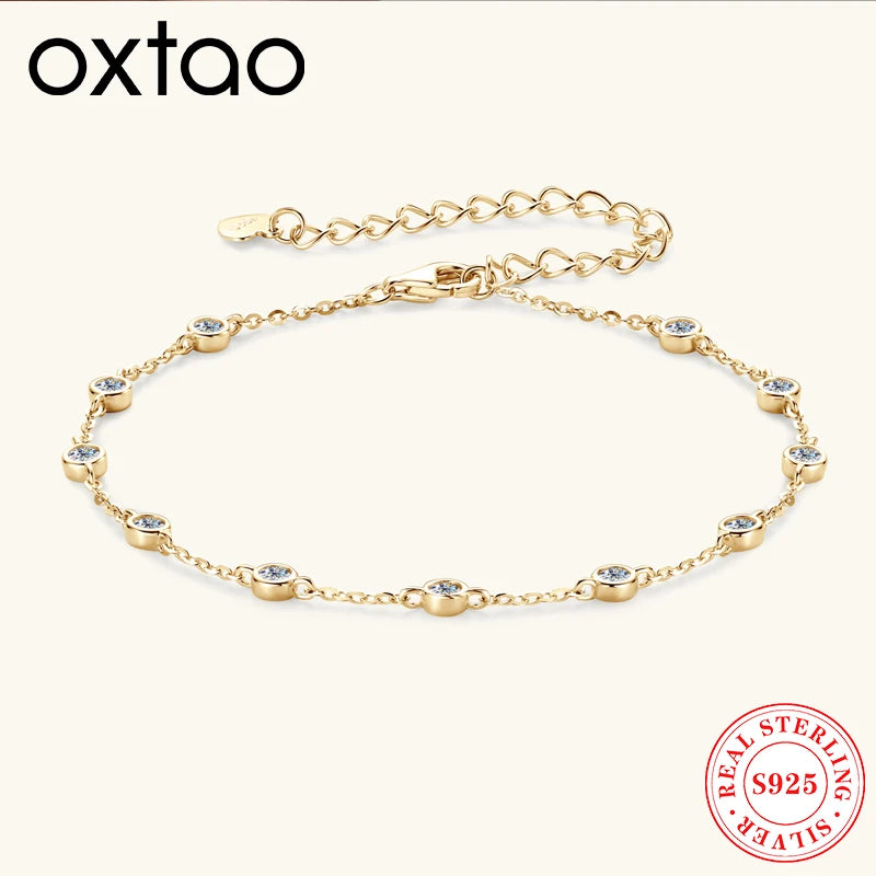 OXTAO 925 Sterling Silver Round Cut Moissanite Bracelet for Women Adjustable Chain Fashion Bracelets Wedding Jewelry Gifts Whole