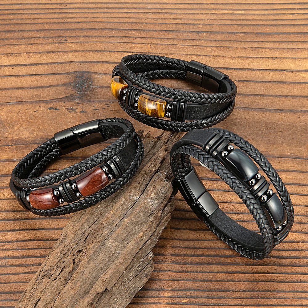 MKENDN Natural Tiger Eye Stone Men Bracelet Handmade MultiLayer Braided Leather Bangles Black Stainless Steel Jewelry