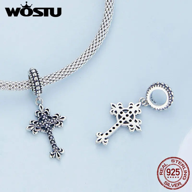 WOSTU 925 Sterling Silver Black Zircon Hollow Cross Charms Pendant Moon Swan Bead Fit Women Bracelet Necklace DIY Jewelry Making