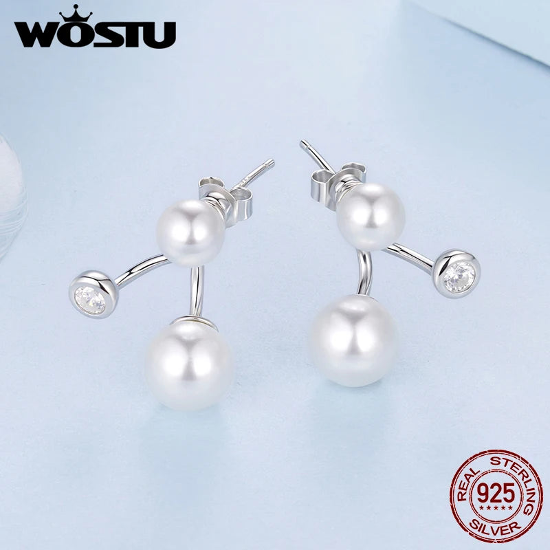 WOSTU 925 Sterling Silver Original Front-Back Pearl Zircon Stud Earrings For Women Daily Wear Fine Jewelry Gift