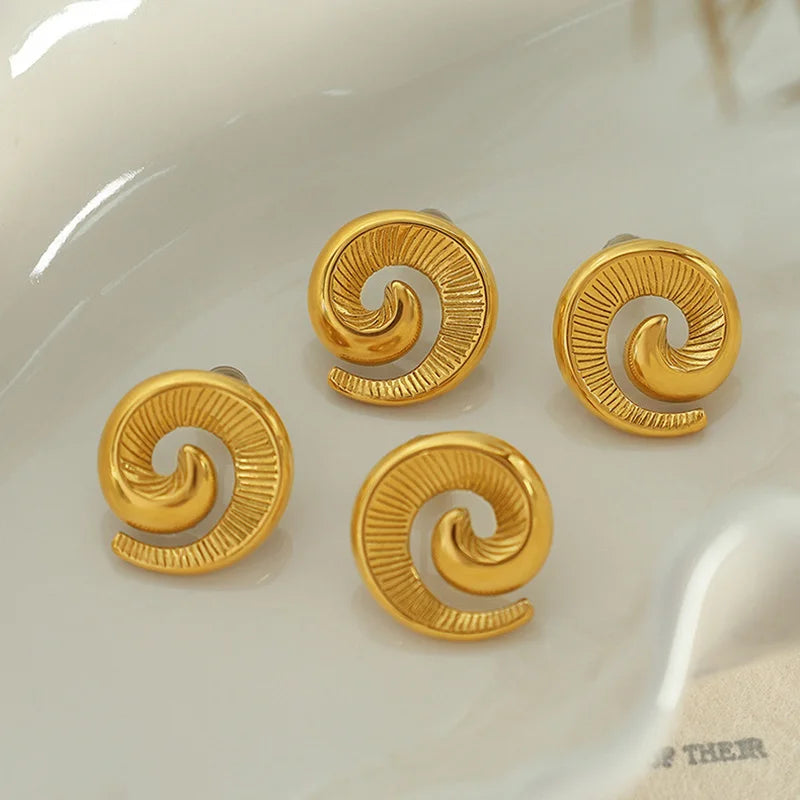 Stylish Stainless Steel 18K Gold Plated Conch Statement Studs for Women Texture Screw Earring Waterproof Jewelry Gift