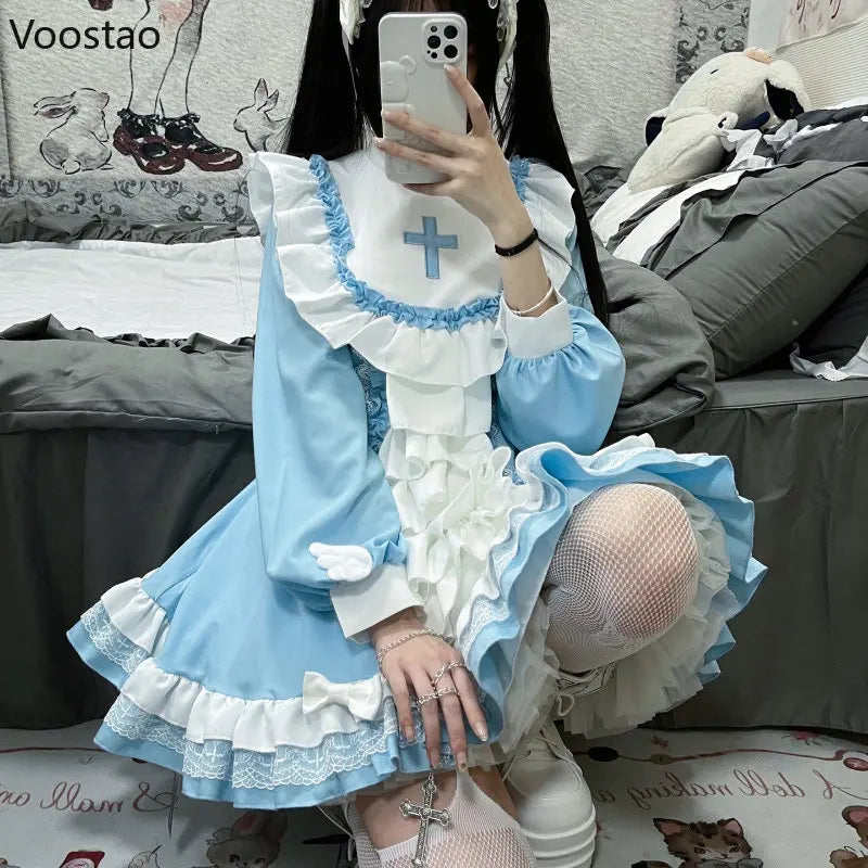 Japanese Gothic Lolita OP Dress Women Victorian Cross Embroidery Ruffles Cosplay Witch Maid Dresses Girls Sweet Party Dress 2023