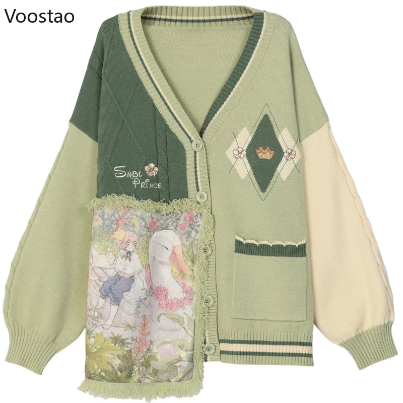Mori Girl Style Sweet Knitted Cardigan Women Kawaii Cartoon Oil Painting Print Sweater Coat Harajuku Cute Knitwear Pullover Tops - Madeinsea©