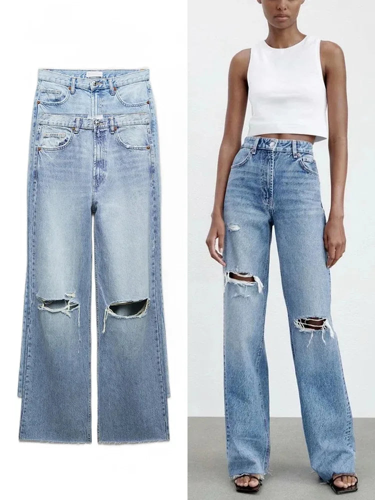 Women's loose hole decoration high-waisted jeans Fashion versatile wide-legged trousers Elegant fashion women's clothing