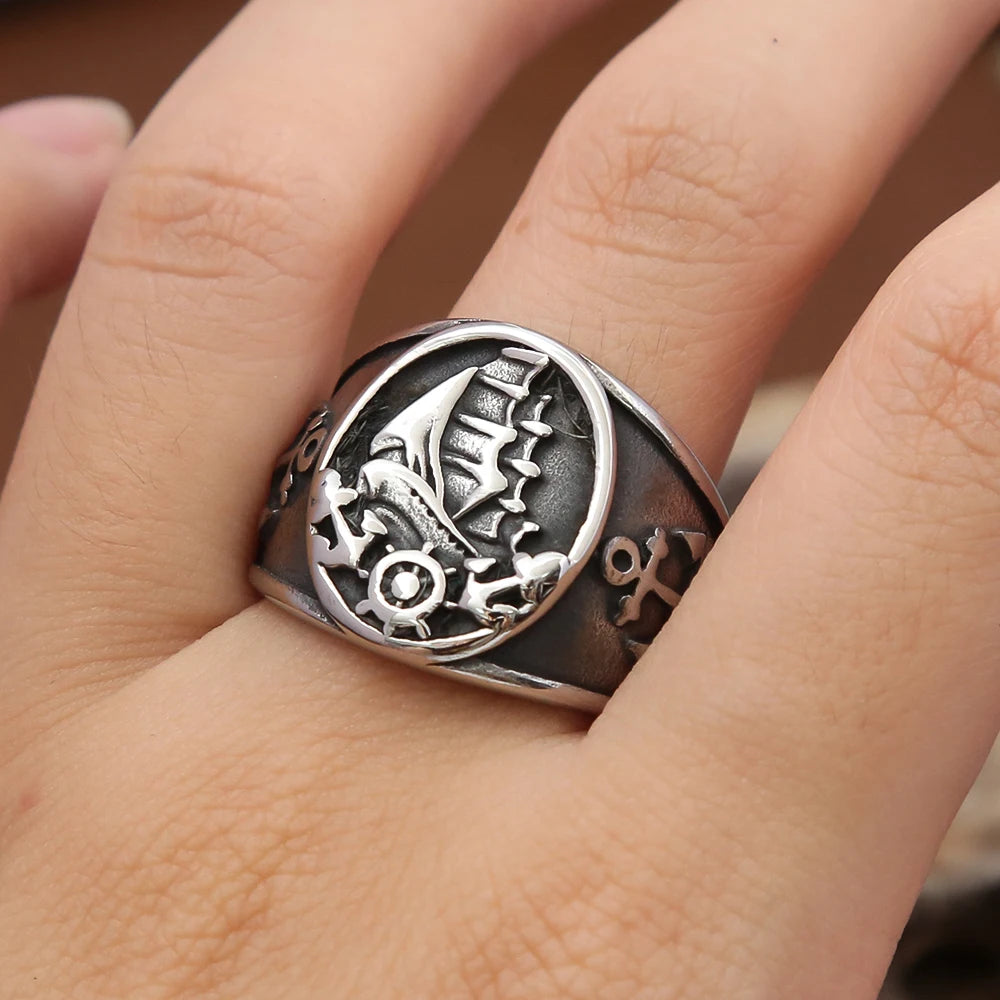 Fashion Vintage Nordic Sailboat Pirate Ring Male 316L Stainless Steel Viking Compass Rings Biker Amulet Jewelry Gift Wholesale