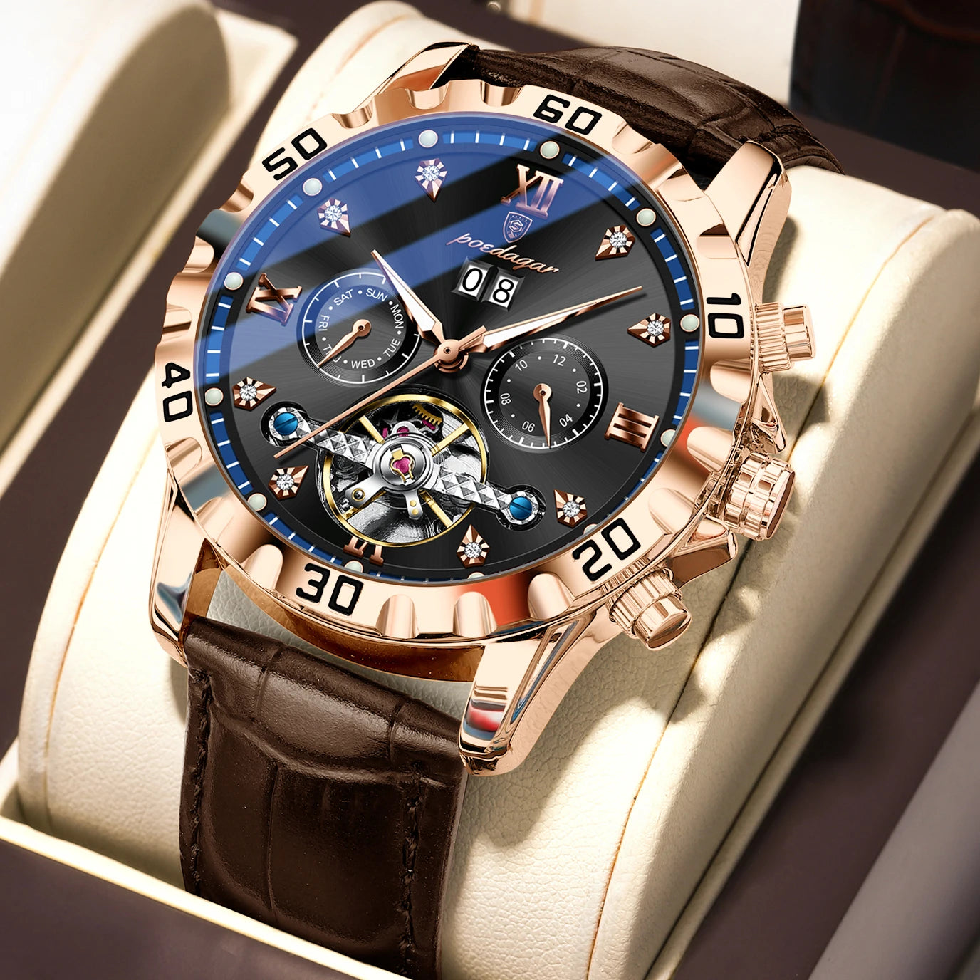 POEDAGAR Top Luxury Men's Watches Original Mechanical Leather Men Clock Date Week Hollow Tourbillon Automatic Man Watch Male+Box