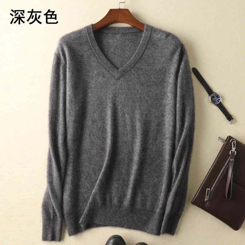 LHZSYY Men's 100% Mink Cashmere Large Size Sweaters Autumn Winter Solid V-neck Casual Knit Pullovers Men Long Sleeve Warm Jumper - Madeinsea©