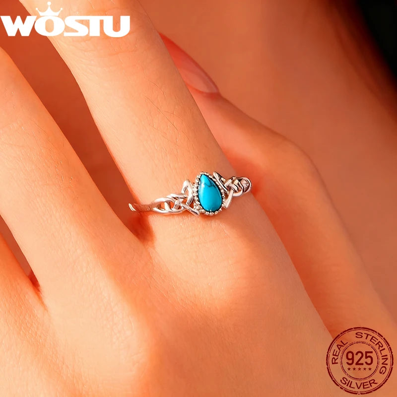 WOSTU Damenring aus 925er Sterlingsilber mit keltischem Knotenmuster und Türkis, langlebiger, verstellbarer Solitärring, perfektes Geschenk für Sie