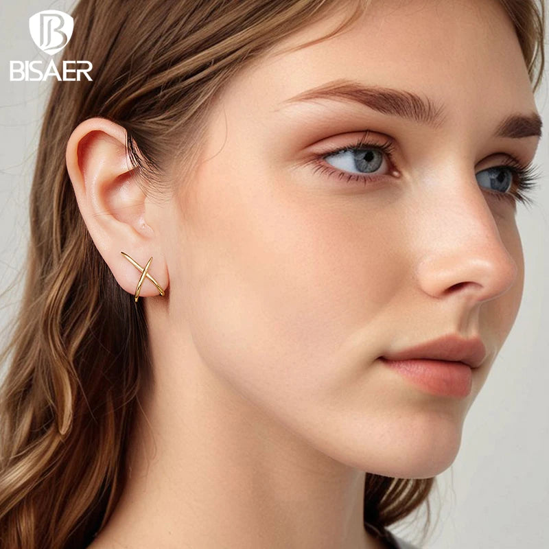 BISAER 925 Sterling Silver Simple X Stud Earrings Minimalist Geometry Lines Stud Ear Plated Gold for OL Women Party Fine Jewelry