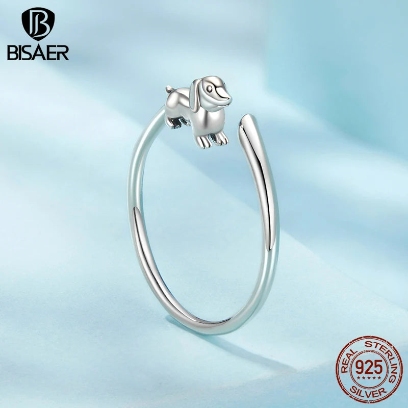 Bague ouverte BISAER en argent sterling 925, motif teckel mignon, taille ajustable 5 à 9, pour femme, bijou raffiné, référence ECR1121-E.