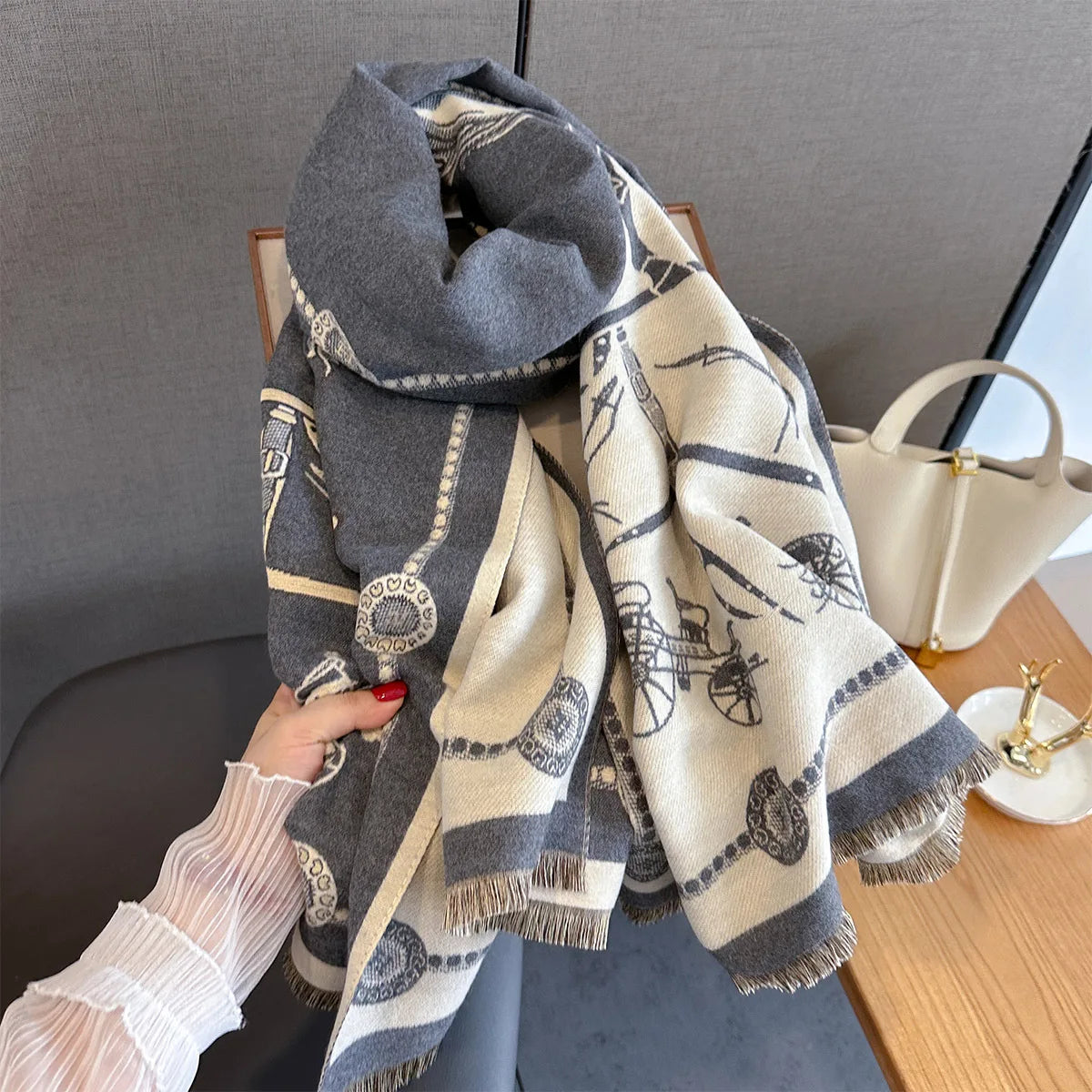 Fashion Winter Pashmina Elegant Horse Print Shawl Wrap Women Luxury Cashmere Scarf Femme Thick Warm Blanket Stoles Long Blanket