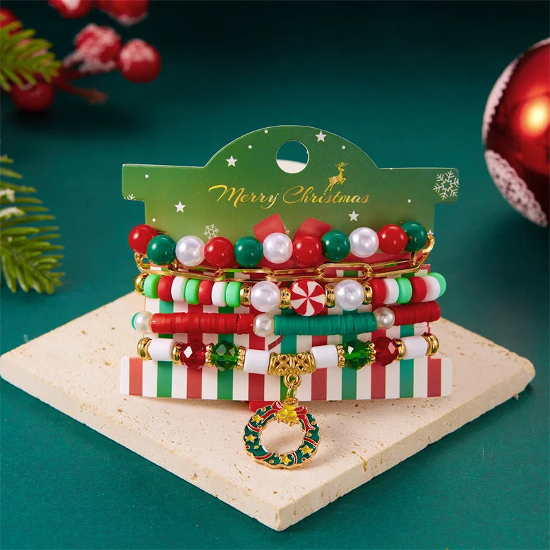 5Pcs Multilayer Beaded Bracelet Set For Women Multicolor Rice Beads Christmas Tree Santa Claus Snowman Bangle New Year Jewelry