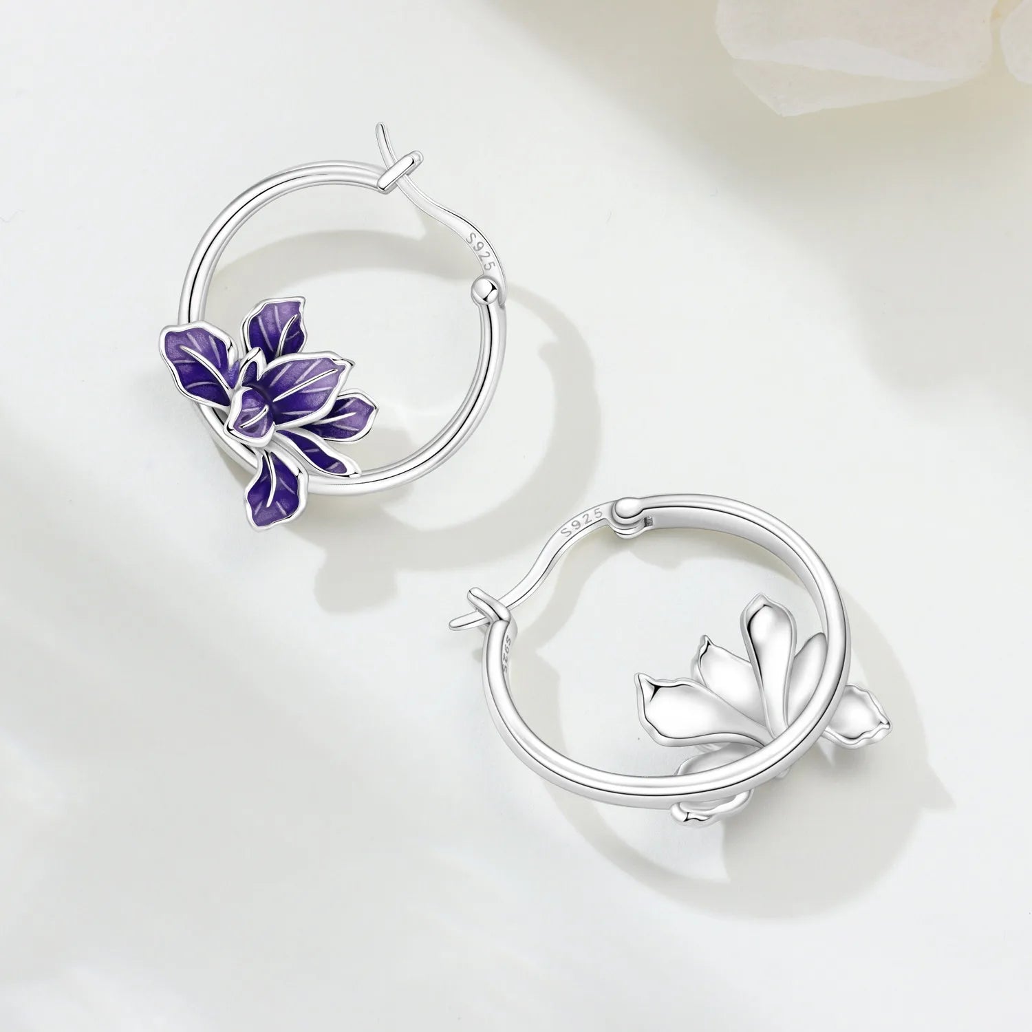 PANPOKI S925 Sterling Silver Blooming Purple Iris Flower Earrings Versatile Hoop Earrings For Women Jewelry Original Party Gift