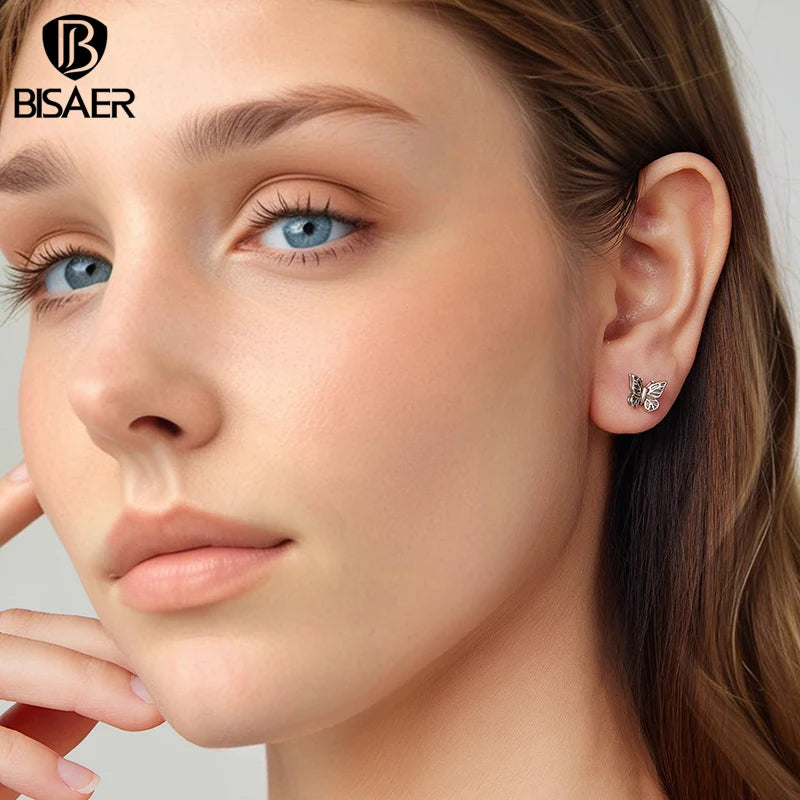 BISAER 925 Sterling Silver Hollow Butterfly Stud Earrings Retro Butterfly Hypoallergenic Stud Ear for Women Party Fine Jewelry