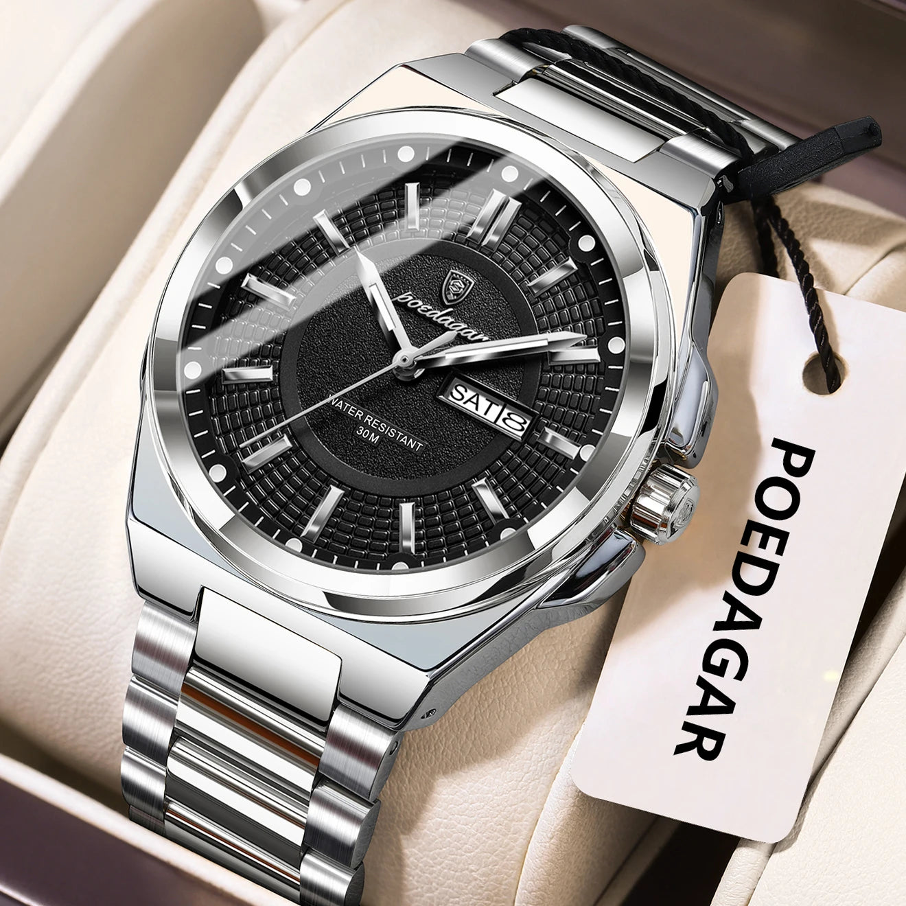 POEDAGAR Sport Original Men Clock Quartz Date Week Luxury Man Wristwatch Waterproof Luminous Stainless Steel Men's Watches Reloj - Madeinsea©