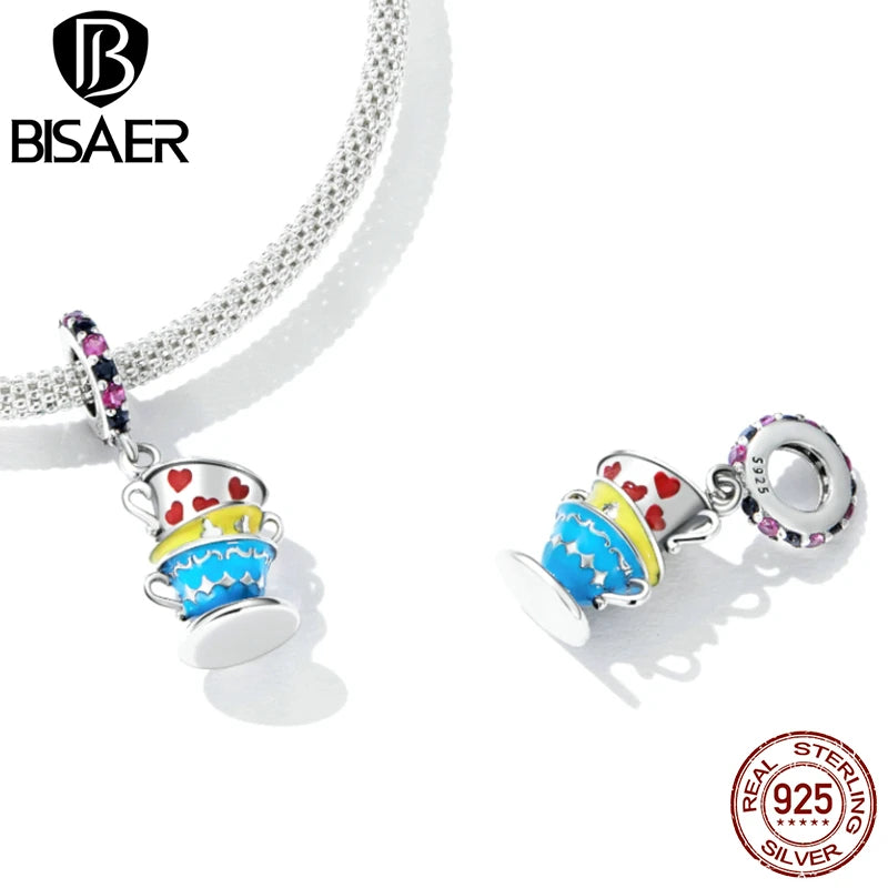 BISAER 925 Breloques en argent sterling Oreille de lapin Chapeau magique Tasse à thé Pendentif horloge en forme de cœur Ajustement pour la fabrication de bracelets Colliers Bijoux Cadeau
