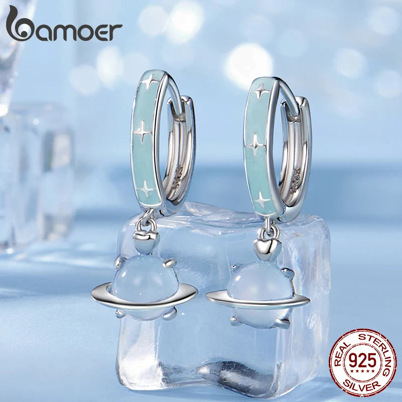 BAMOER 925 Sterling Silver Blue Planet Hoops Earrings, Lightweight White Gold Plated Hoop Earrings for Women SCE1803