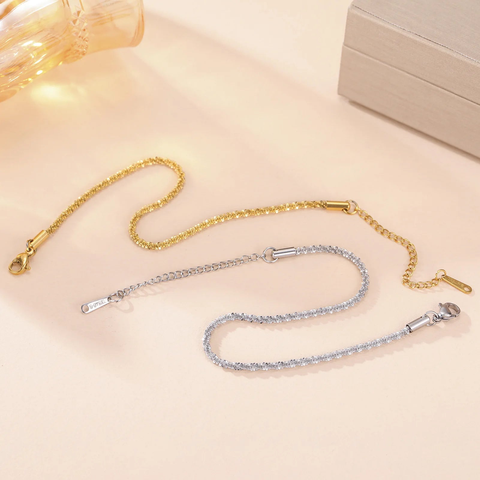 HIPEE Fashion Shiny Basic Chain Bracelet for Women Girls Stainless Steel Link Chain Adjustable Bracelets Sparkling Twists Bangle