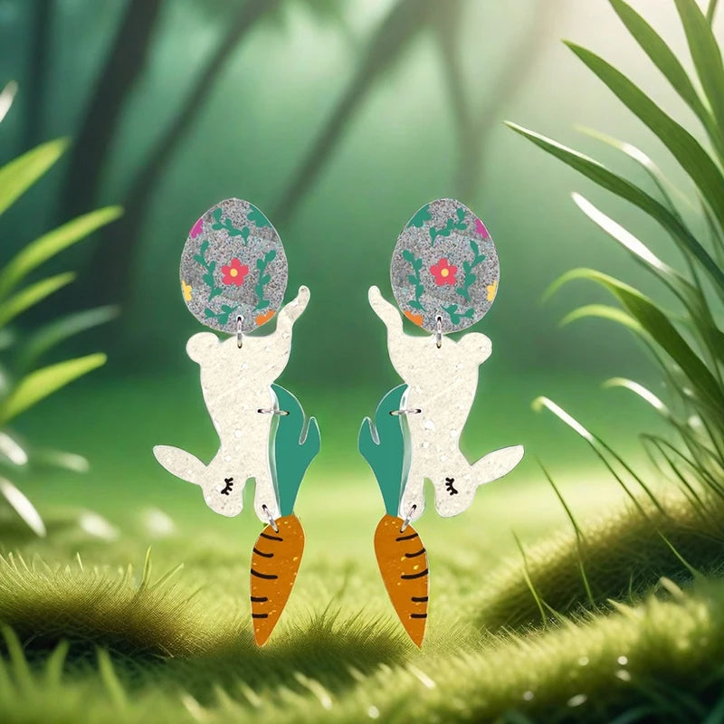 2025 Frühling FROHE OSTERN Hase Ohrringe für Frauen Niedliche Cartoon-Kaninchenohren Karotte Osterei Acryl Baumeln Ohrring Party