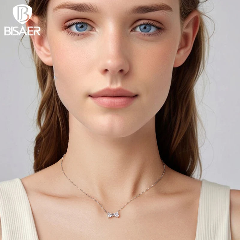 BISAER Bow Pendant Necklace 925 Sterling Silver Bow-knot Adjustable Chain Plated White Gold for Wenmen Party Fine Jewelry Gift