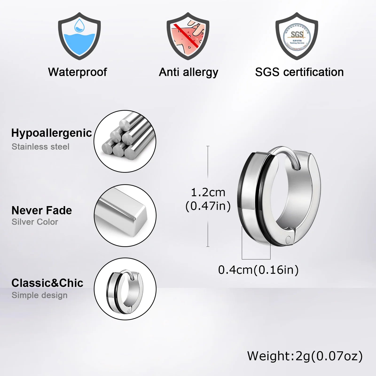 Boucles d'oreilles créoles simples Vnox, style Huggies avec bordure noire, étanches, en acier inoxydable, pour femmes et hommes.