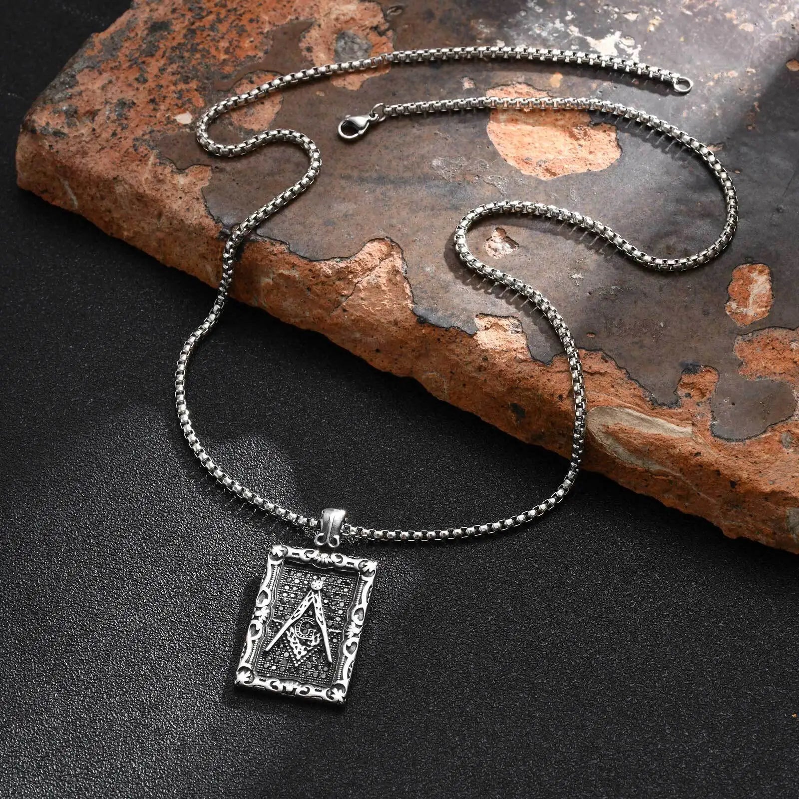 Vnox Mens Freemasonry Necklaces,Geometric Rectangular Badge with Masonry Pendant, US Style Accessory Gift
