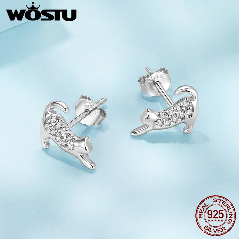 WOSTU 925 Sterling Silver Mini AAA Zircon Pet Cat Dog Stud Earrings For Women Lovely Poodle Dachshund Animal Studs Family Gift