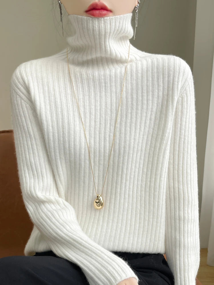 Women 100% Merino Wool Sweater Turtleneck Knitted Vertical Stripes Pullover Autumn Winter Thickened Cashmere Casual Knitwear Top