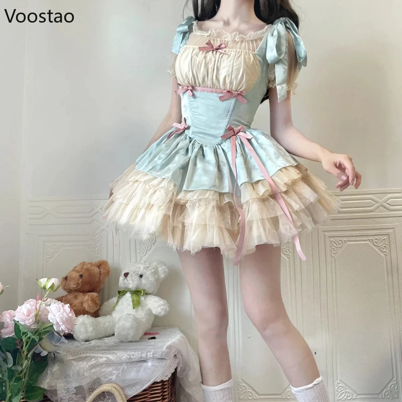 Sweet Lolita Jsk Dress Women Vintage Y2k Bow Ribbon Party Princess Dresses Japanese Girls Kawaii Ballet Style Mesh Mini Dress