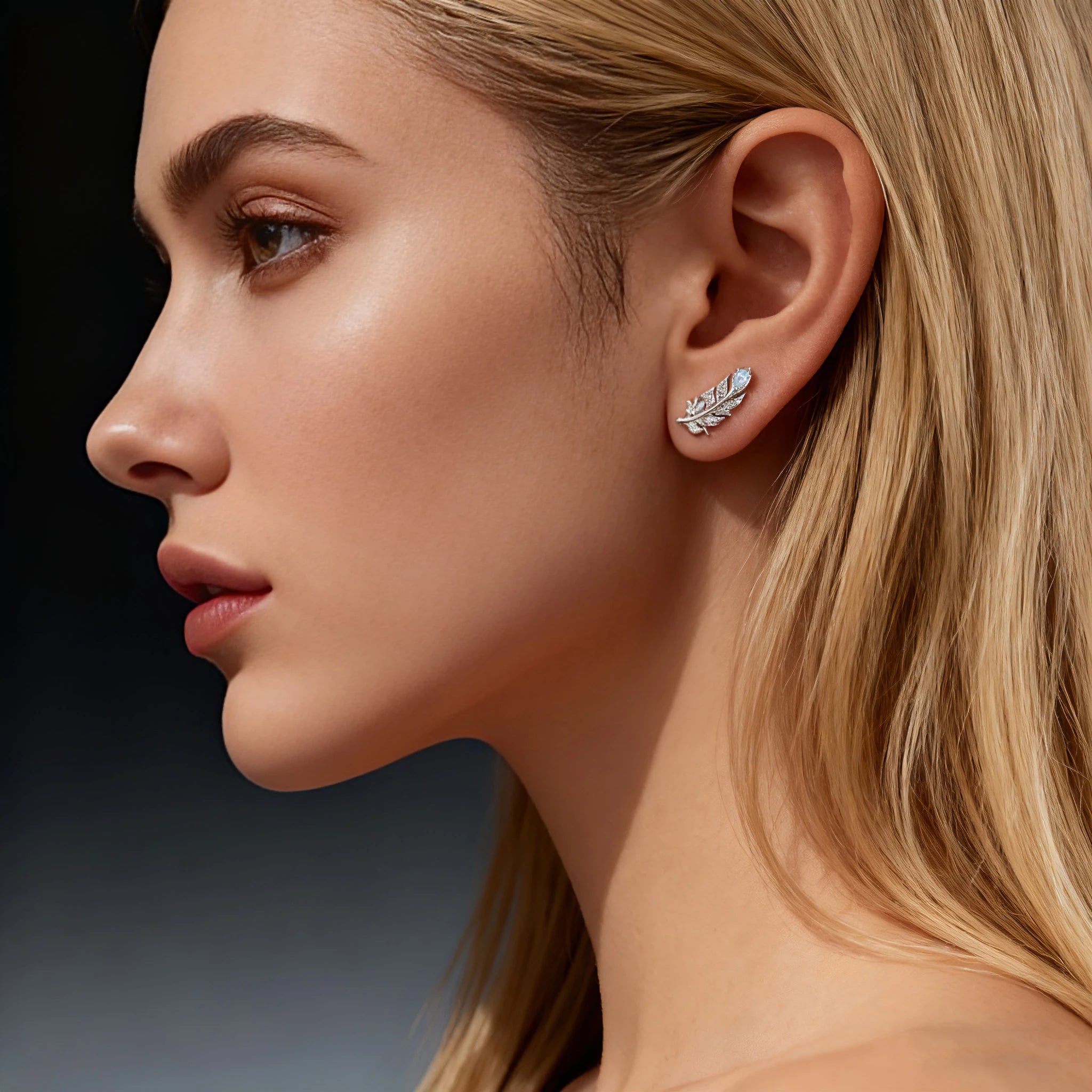 WOSTU 925 Sterling Silver Ice Blue Feather Stud Earrings For Women Winter Xmas Gift, Dainty Bohemian s925 Studs Wedding Jewelr