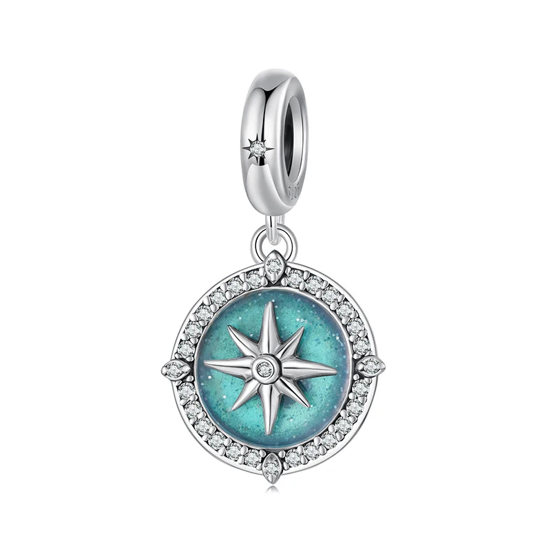 Bamoer 925 Sterling Silver Compass Pendant Enamel Blue Full Circled Zircon Beads for Women DIY Necklace Accessories Crystal Gift