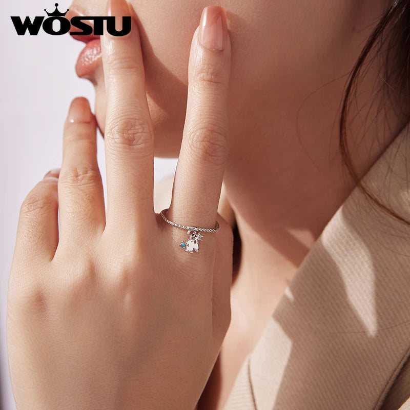 WOSTU Ring aus massivem 925er Silber mit niedlichem Elefantenmotiv und gedrehtem Seilmuster, offener Ring für Damen, verstellbarer Ring mit türkisfarbenem Tiermotiv, feines Geschenk zum Mädchengeburtstag